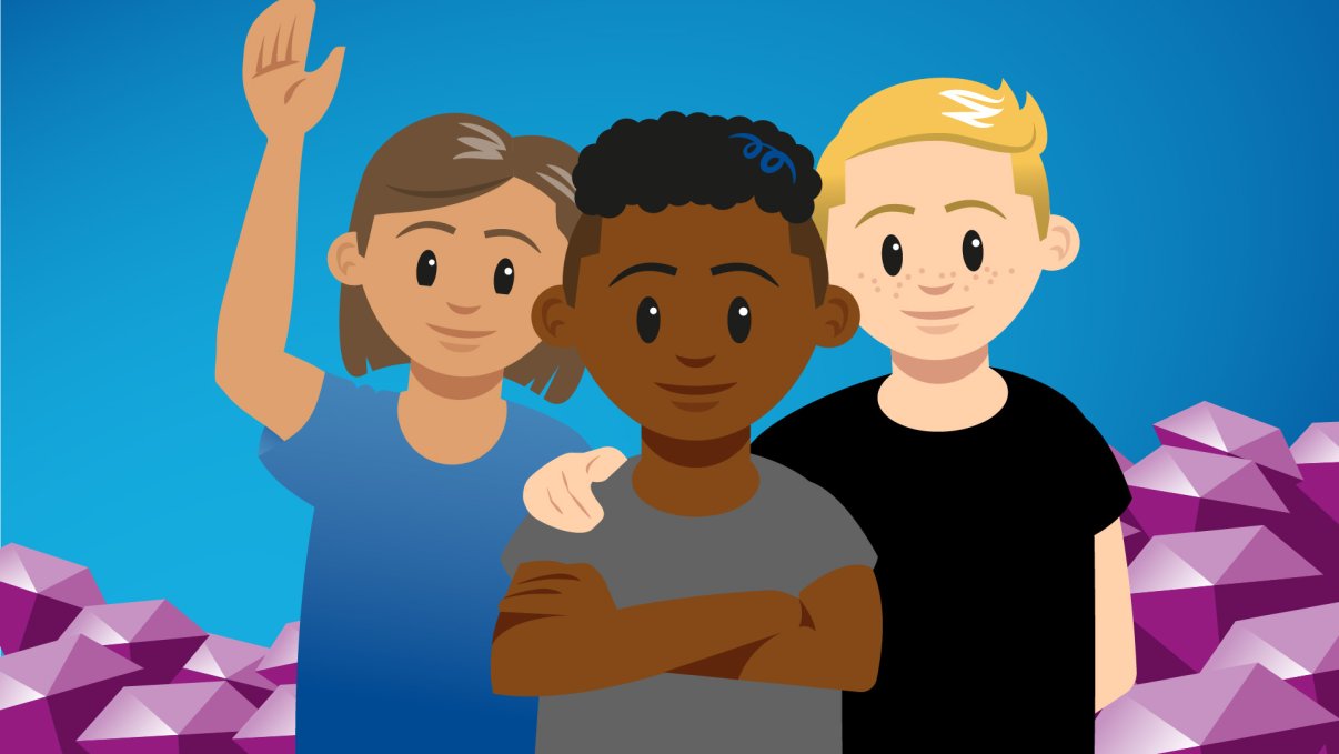 Still from the teaching tools - animated picture of three children in front of blue background with purple in-game currency diamonds