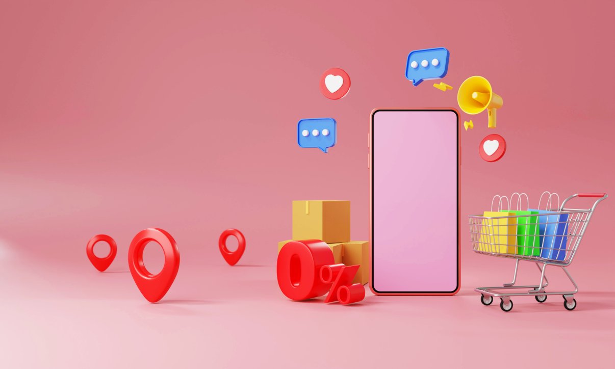 Smartphone surrounded by icons symbolising digital environment plus parcels and geo pins