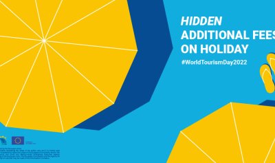 Animated image of parasols that read 'hidden additional fees on holiday'