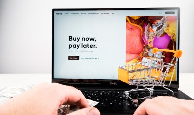 Buy Now Pay Later in a webshop. Laptop and shopping cart.